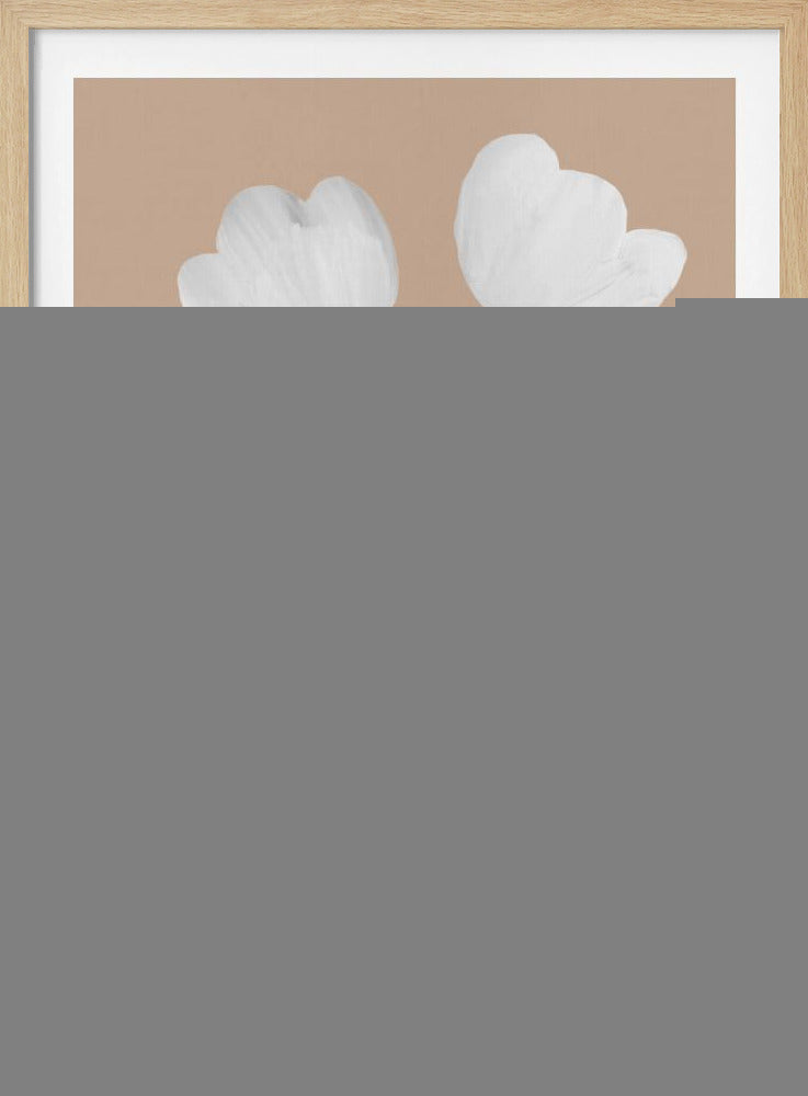 A modern, minimalist painting of a bouquet of stylized white flowers with black centers, arranged in a large black vase. The background is a solid muted beige, creating a simple and elegant composition. Poster