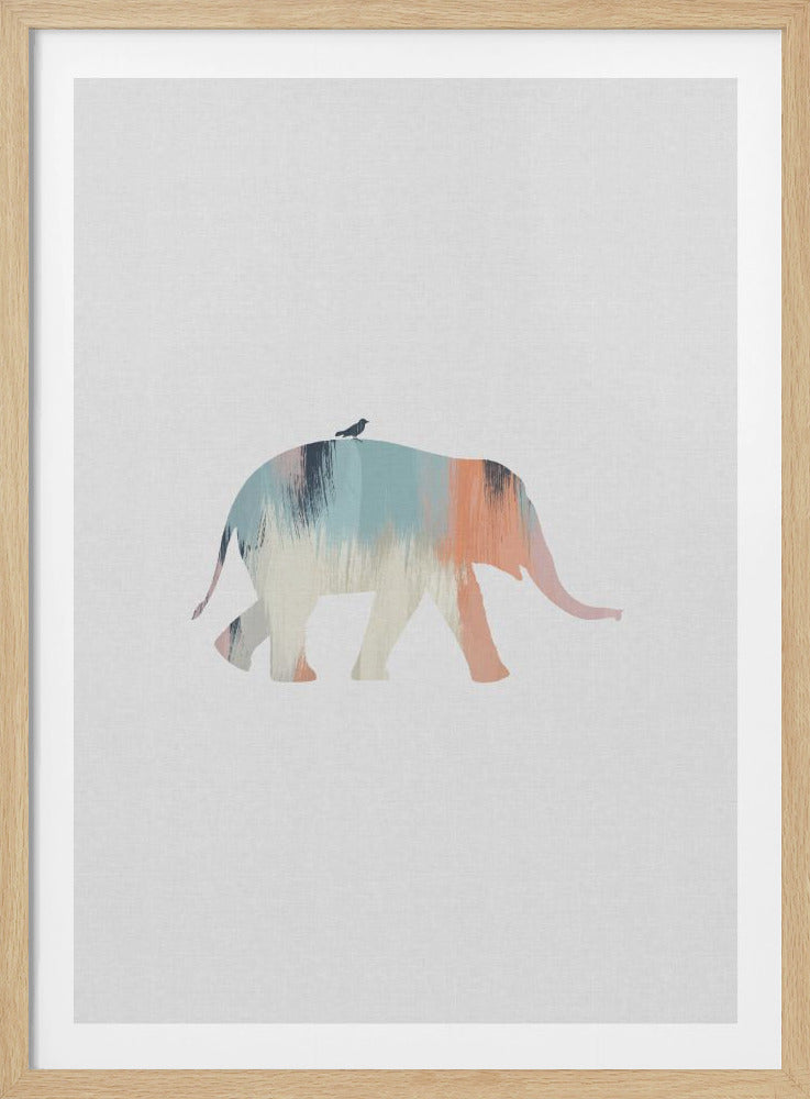 A minimalist framed artwork of an elephant silhouette filled with vertical brushstrokes of muted blue, peach, and cream paint. A small dark bird is perched on the elephant's back, all set against a plain, light-colored background. Wall Art