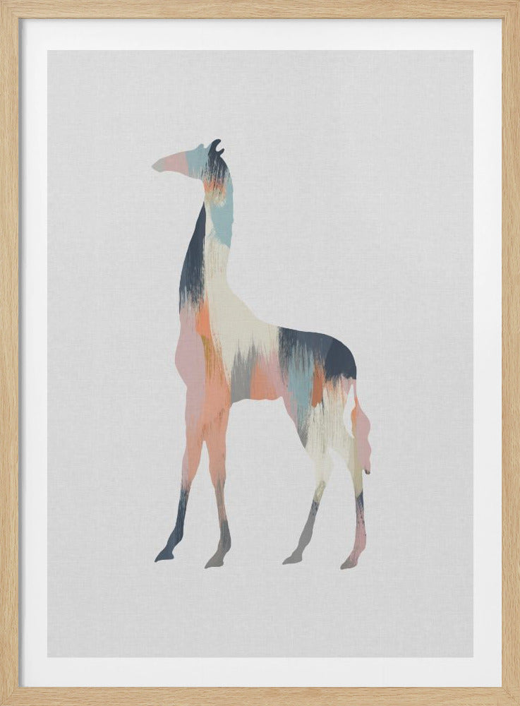 A framed modern art print featuring a silhouette of a giraffe against a light gray, textured background. The giraffe's shape is filled with abstract, vertical brushstrokes in a pastel color palette of navy, light blue, coral, and cream. Wall Art