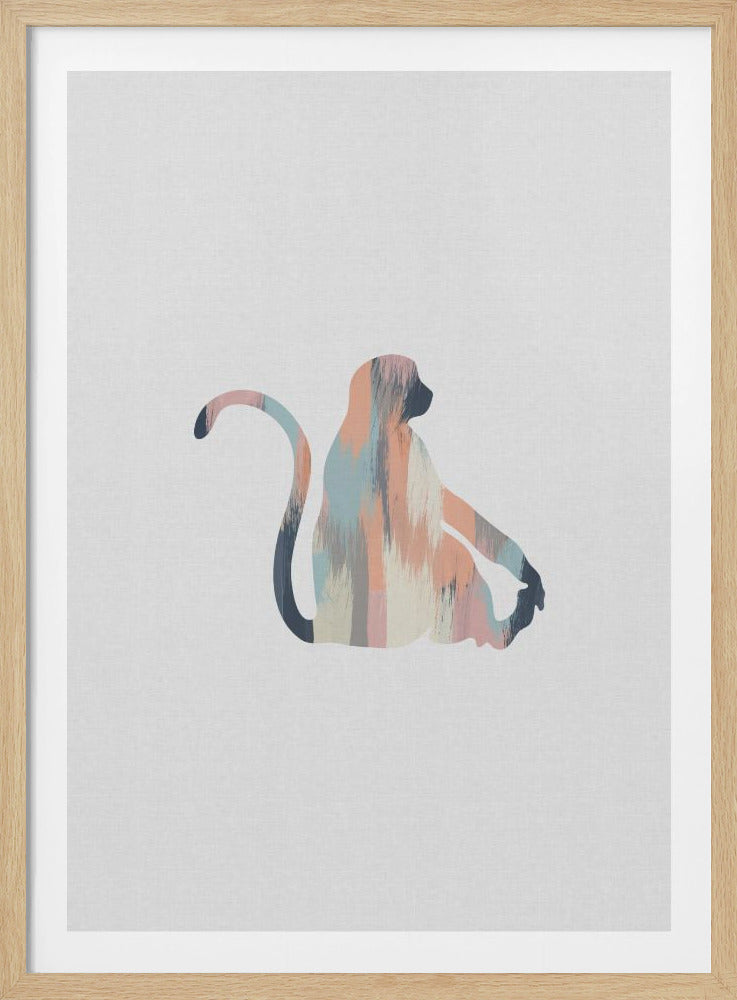 A framed piece of minimalist art showing a silhouette of a sitting monkey against a plain, off-white background. The monkey's silhouette is filled with an abstract pattern of vertical brushstrokes in pastel pink, light blue, and dark gray. Artwork