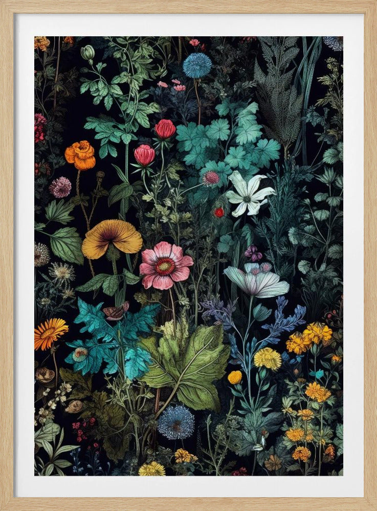A vintage-style botanical illustration featuring a dense arrangement of colorful flowers and lush green foliage against a dark, dramatic background. Various species of flowers in shades of pink, orange, yellow, and blue are intricately detailed, creating a vibrant, tapestry-like effect. Poster