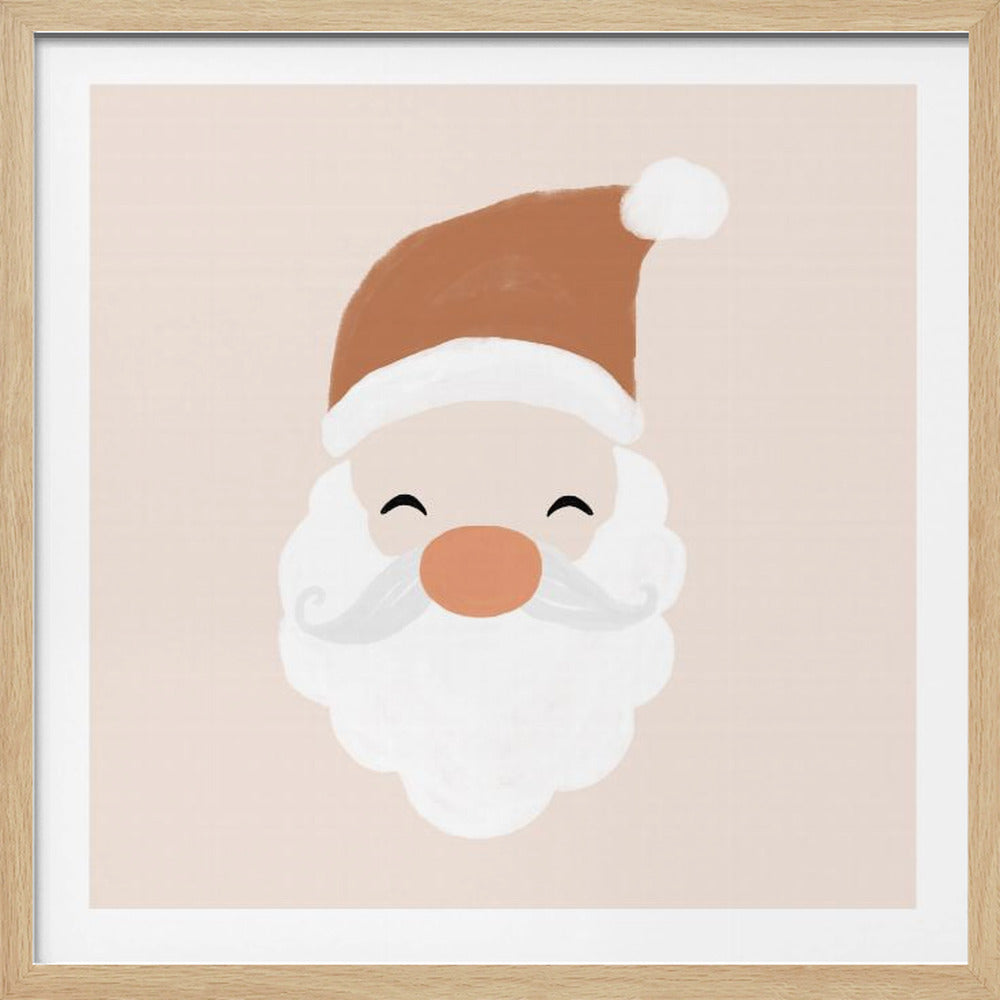 A minimalist cartoon illustration of a smiling Santa Claus face with a brown hat and white beard, set against a soft pink background and framed in light wood. Poster