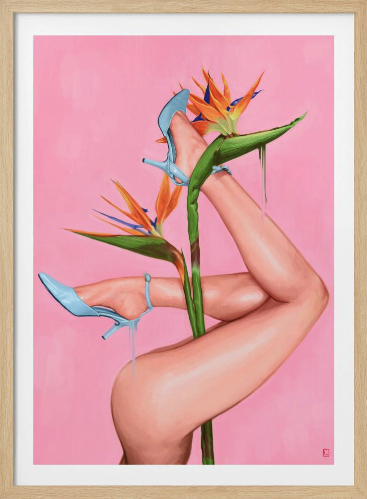 A surrealist painting of a woman's legs and a Bird of Paradise flower against a vibrant pink background. The legs, wearing light blue high heels, are wrapped around the flower's green stalk. Blue liquid drips from the shoes, adding to the dreamlike quality of the artwork. Wall Art