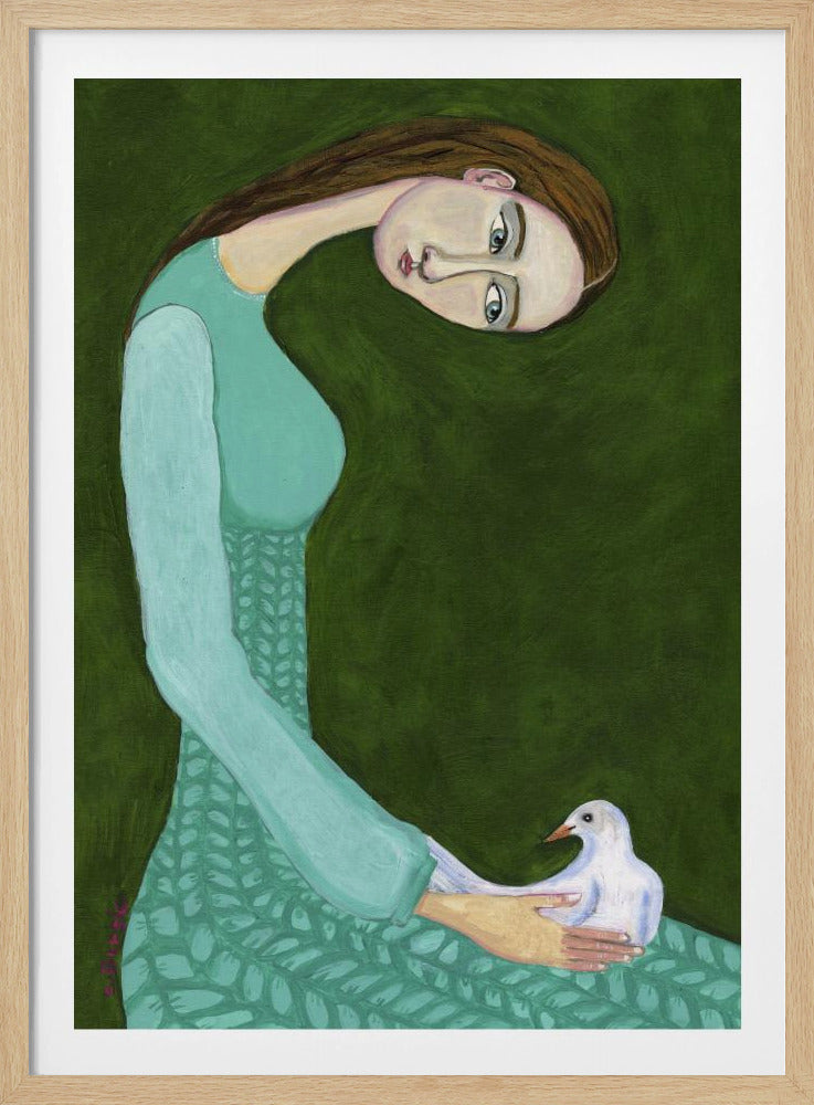 A stylized painting of a woman with a long, gracefully curved neck and brown hair against a dark olive green background. She is wearing a patterned teal dress and looking directly at the viewer while gently cradling a white dove in her hands. Artwork