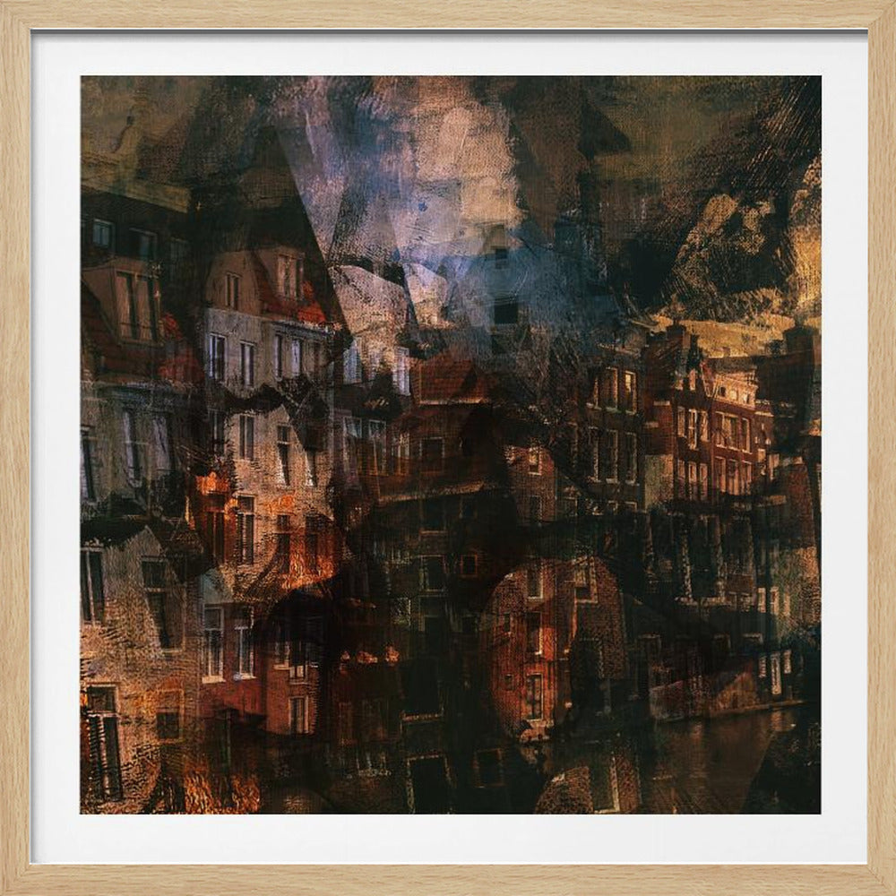 A framed abstract painting of a dark, moody cityscape. The artwork features fragmented images of old European-style buildings in deep browns, blacks, and hints of orange and blue, creating a heavily textured and layered composition. Poster