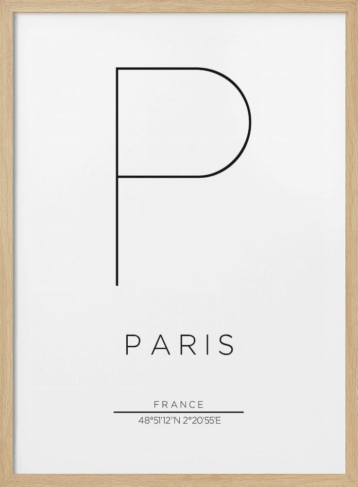 A minimalist black and white framed poster featuring a large, stylized outline of the letter 'P'. Below the initial is the word 'PARIS' in a clean sans-serif font, followed by 'FRANCE' and the city's geographical coordinates. Decor