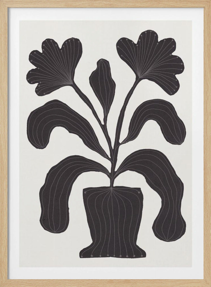 A modern black and white illustration of a stylized plant in a pot against an off-white background. The plant features large, drooping leaves and two fan-like flowers at the top. The entire black silhouette is detailed with fine, light-colored lines giving it texture and a sense of veining. Wall Art
