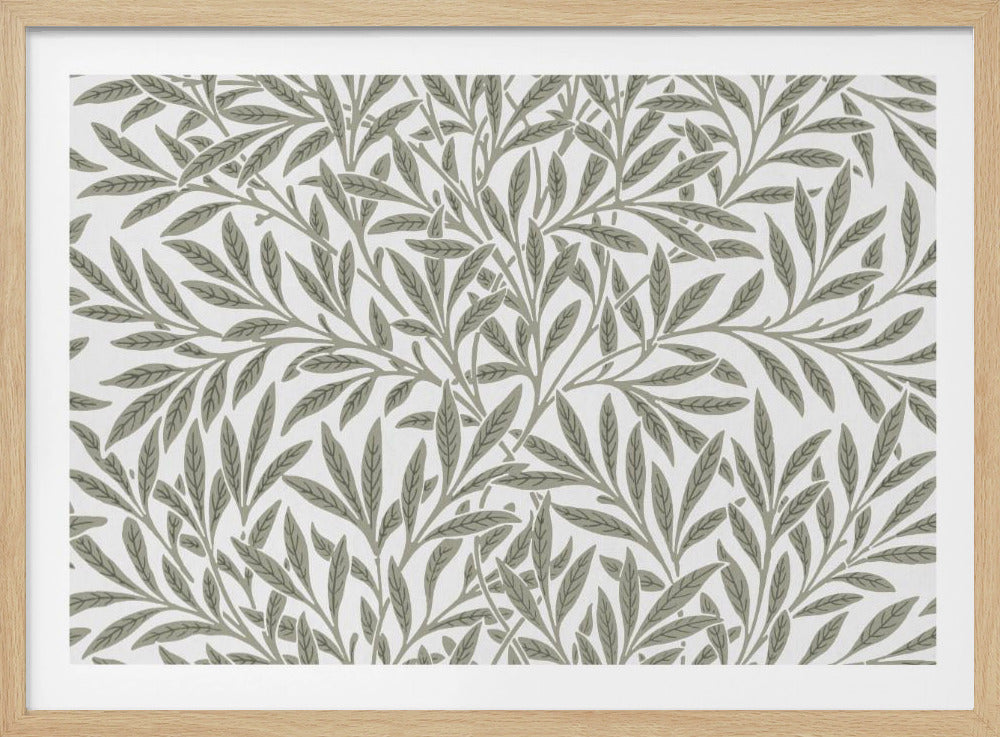 A framed art print displaying a dense pattern of sage green leaves and branches on a white background. The design is continuous and has a calm, naturalistic feel, enclosed within a simple silver frame. Artwork