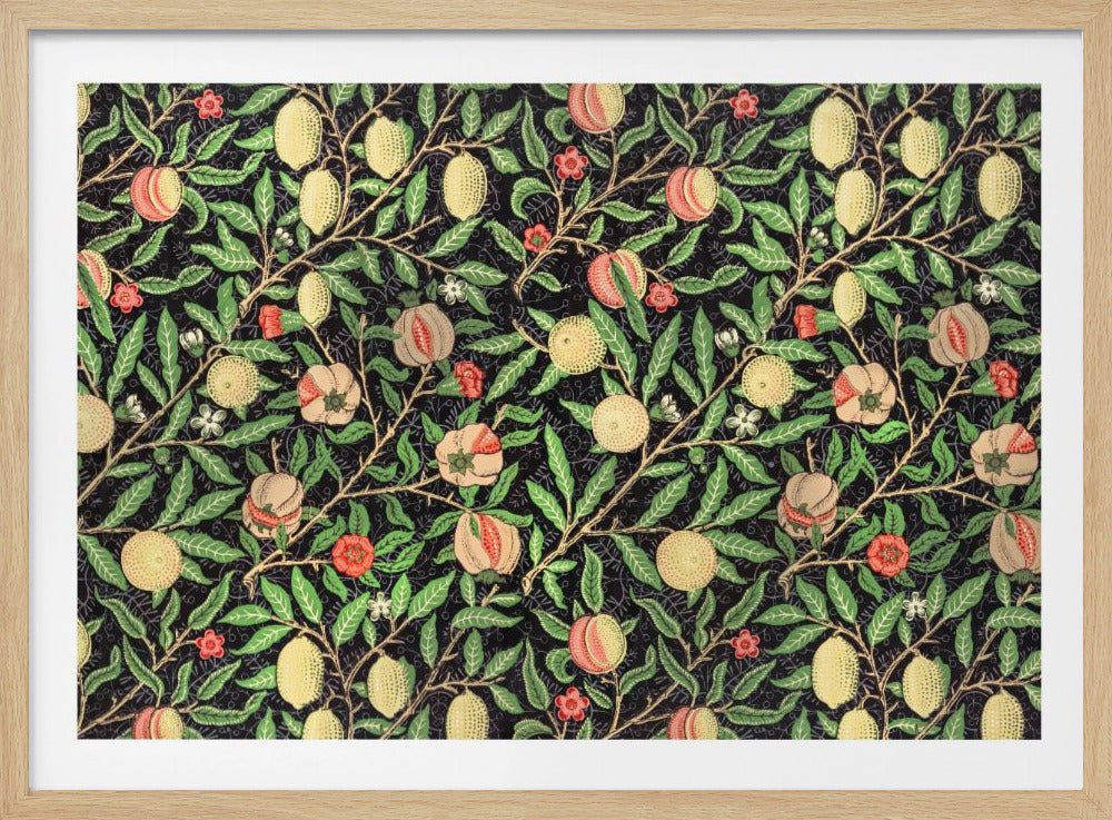 A framed vintage botanical pattern featuring various fruits like lemons, peaches, and pomegranates on twisting branches with green leaves and small flowers, all set against a dark, detailed background. The style is reminiscent of William Morris. Wall Art