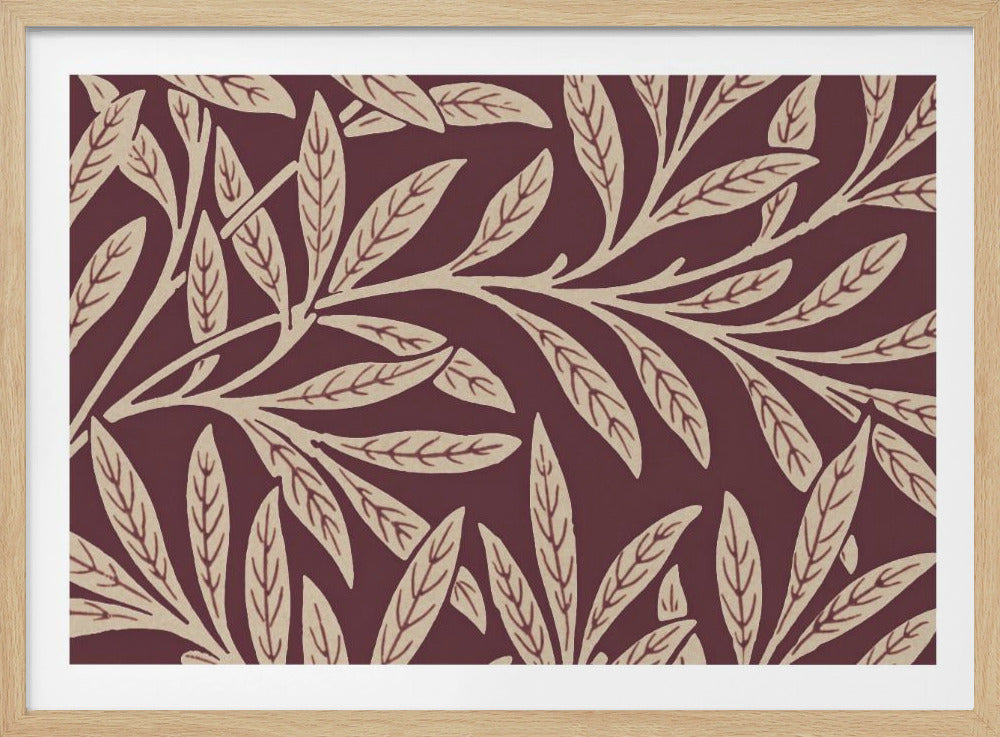 A framed piece of art with a repeating pattern of stylized, cream-colored leaves and branches on a deep burgundy background. The frame is a simple silver. Poster