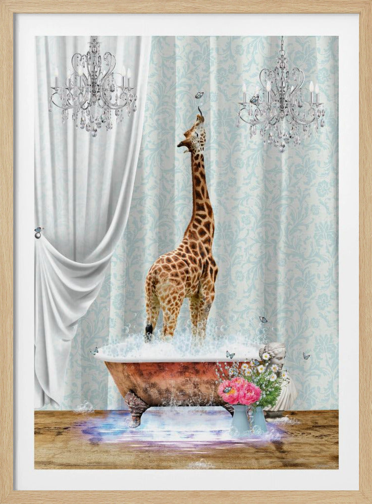 A surreal and whimsical artwork of a giraffe standing in a vintage clawfoot bathtub filled with bubbles. The bathroom is elegant, featuring light blue damask wallpaper, two crystal chandeliers, and a flowing white curtain. Butterflies flutter around the giraffe and a vase of pink and white flowers sits beside the tub. Artwork