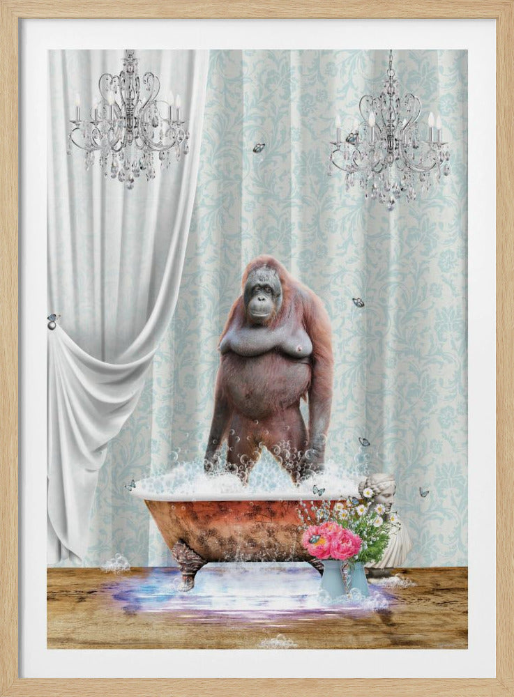 A surreal and whimsical artwork of an orangutan standing in a bubbly, vintage clawfoot bathtub inside a lavishly decorated bathroom with crystal chandeliers, light blue damask wallpaper, and elegant white curtains. Poster