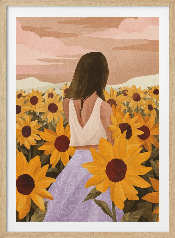 An illustration of a woman with long brown hair, seen from behind, standing in a field of bright yellow sunflowers. She wears a white top and a light purple patterned skirt, and the sky above is a dusky pink. Poster