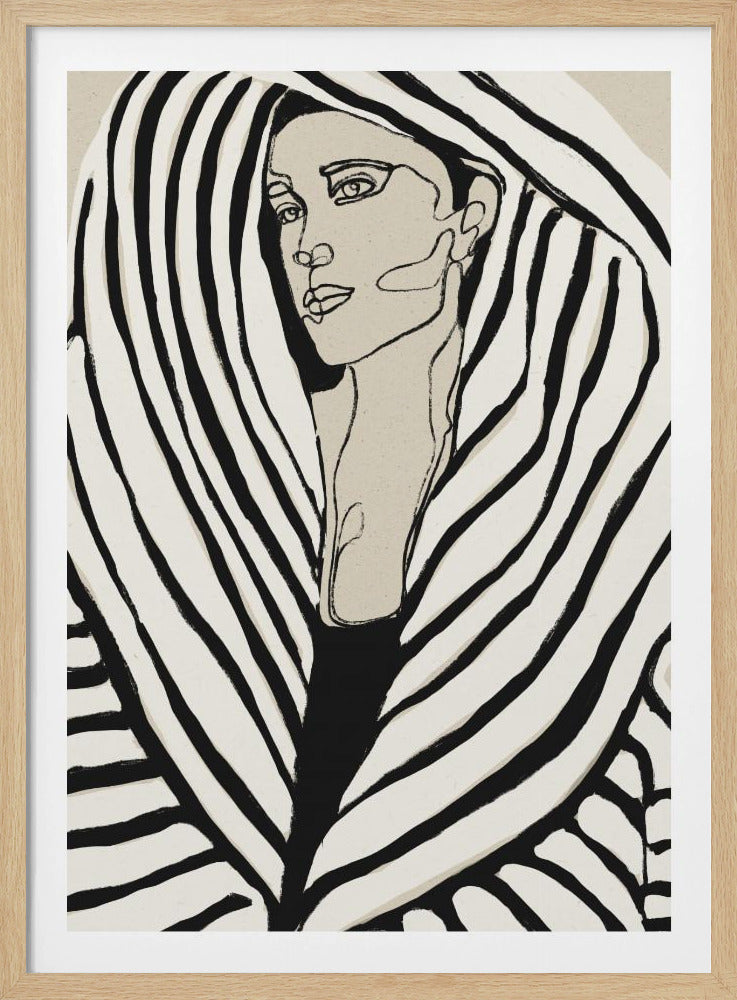 A modern, framed line art portrait of a woman. Her face is rendered in simple black outlines on a beige background, and she is wrapped in a voluminous garment with bold, graphic black and off-white stripes, creating a zebra-like pattern. Wall Art