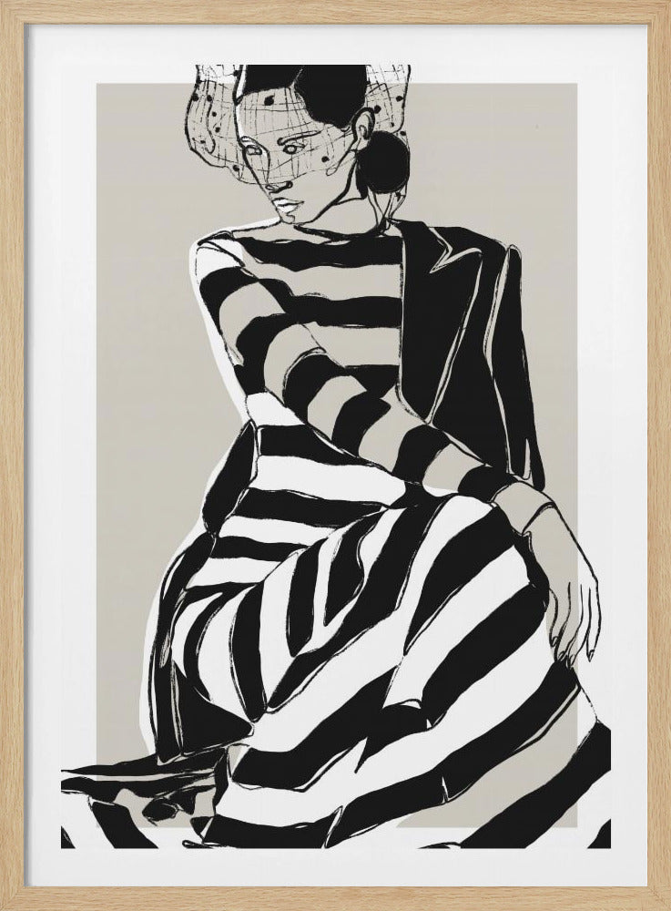 A modern, graphic illustration of a woman in a black and white striped dress and a black blazer. She sits with a pensive expression, wearing a stylish hat with a veil, against a neutral beige background. Wall Art