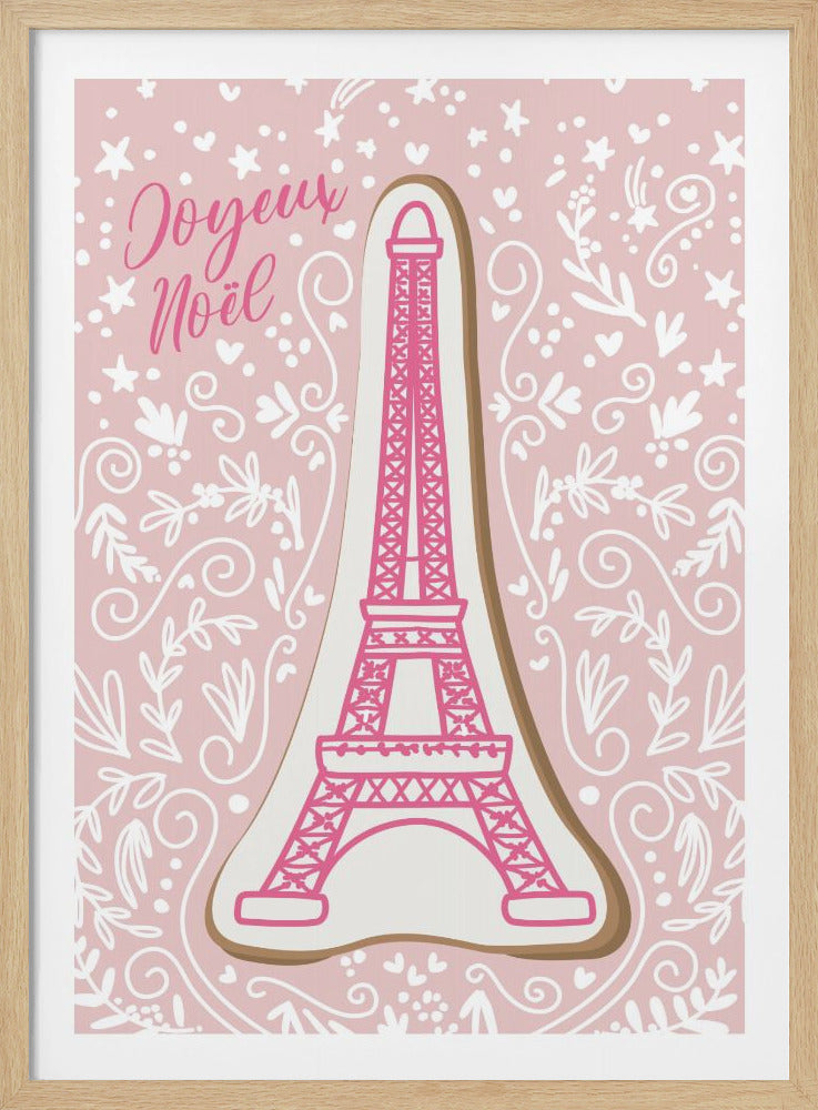 A festive illustration of the Eiffel Tower in pink, set against a lighter pink background filled with white floral patterns, stars, and hearts. In the top left corner, the phrase 'Joyeux Noël' is written in a cursive pink font. Wall Art