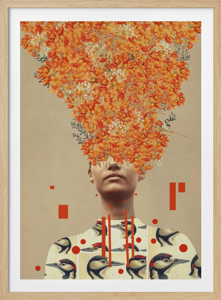 A surrealist collage featuring a portrait of a person whose head is replaced by an explosive bouquet of vibrant orange flowers. The person is wearing a shirt patterned with vintage illustrations of woodpeckers, and the composition is set against a neutral beige background with abstract red geometric shapes. Wall Art