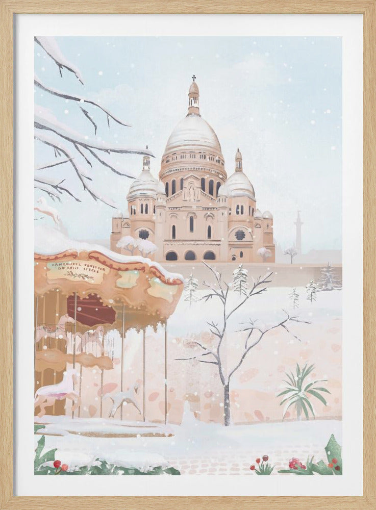 A vertical painting of the Sacré-Cœur Basilica in Paris on a snowy winter day. The scene is soft and pastel, with snow covering the ground, the basilica's domes, and tree branches. In the foreground, a vintage carousel is partially visible on the left. Artwork