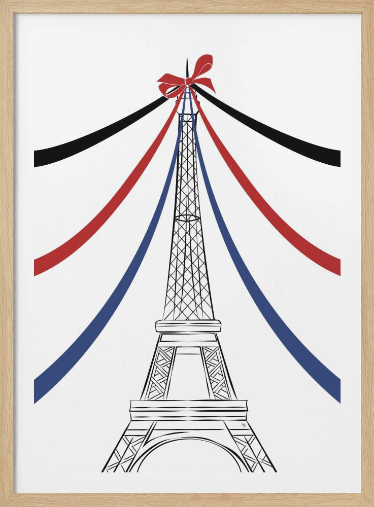 A minimalist black and white line drawing of the Eiffel Tower, adorned with a red bow at the top from which red, blue, and black ribbons flow downwards. The artwork is set against a plain white background and presented in a black frame. Print