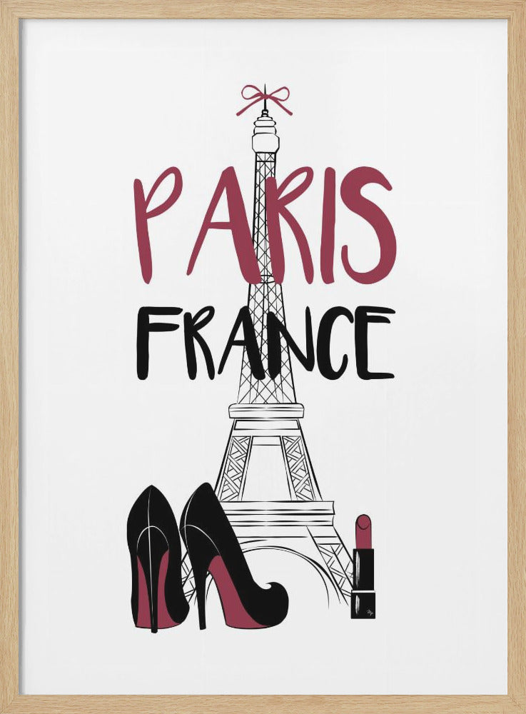 A chic, framed art print celebrating Paris, France. It features a black line drawing of the Eiffel Tower on a white background, with the word 'PARIS' in a large, mauve script font and 'FRANCE' in black. At the base, there are black high heels and a tube of lipstick, both with matching mauve accents. Decor