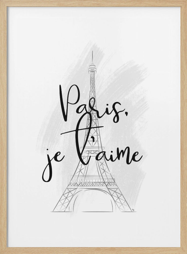 A black and white framed artwork featuring a line drawing of the Eiffel Tower. Overlaying the image is the phrase 'Paris, je t'aime' in a black, handwritten script font, with a soft grey brushstroke effect in the background. Wall Art