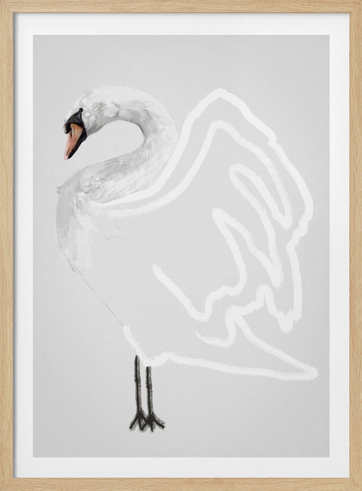 A minimalist, modern painting of a white swan on a light grey background, framed in black. The swan is depicted with its head turned back, its body painted with subtle grey tones, and its wing represented by a simple white outline. The legs are rendered as simple black stick-like lines. Print
