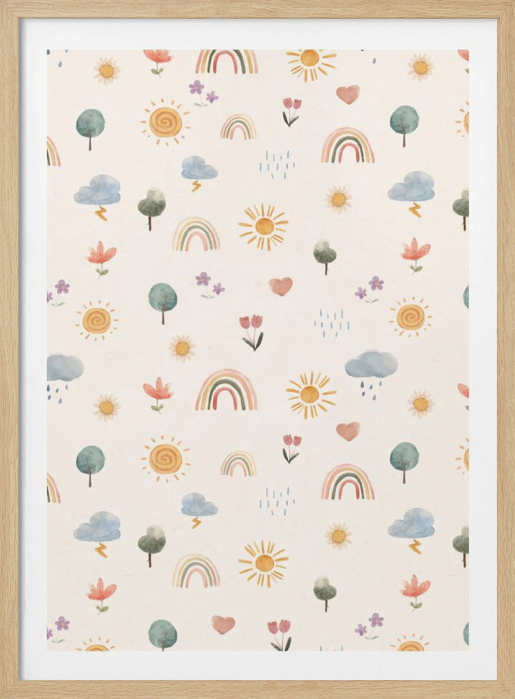 A framed art print with a repeating pattern of cute, watercolor illustrations on a cream background. The pattern includes suns, rainbows, clouds, trees, flowers, and hearts in a soft, pastel color palette. Decor