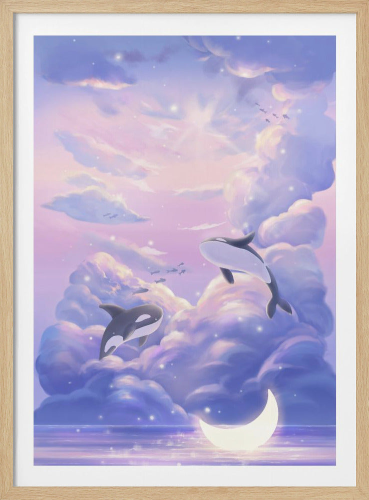 A whimsical fantasy painting of two orca whales flying through a dreamy sky filled with fluffy purple and pink clouds. Sparkling lights are scattered throughout, and a glowing crescent moon rests on the calm water below the clouds. Print