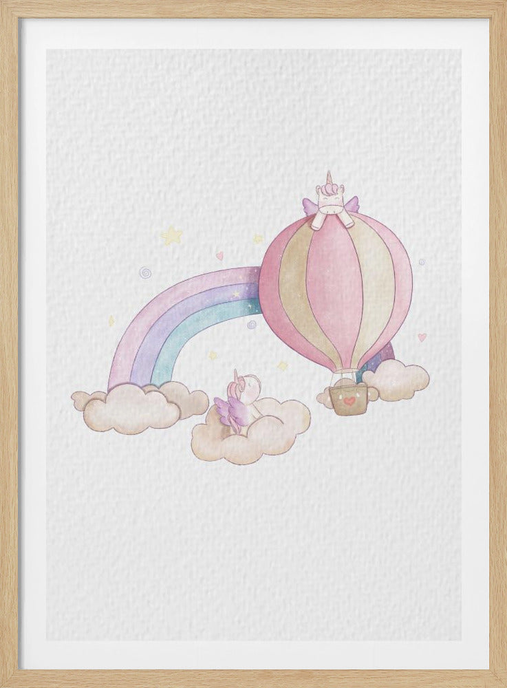 A whimsical watercolor painting of two cute unicorns in the sky. One unicorn sits on top of a pink and tan hot air balloon, while another with purple wings rests on a fluffy cloud. A pastel rainbow arches behind them against a textured white background with small stars and hearts. Print