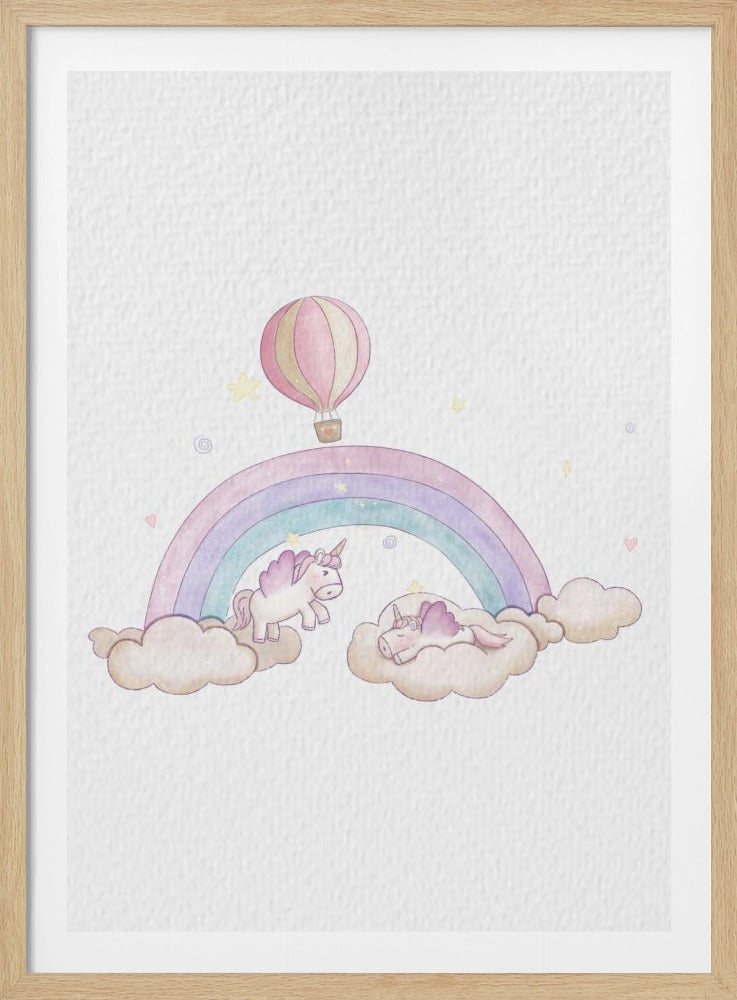 A charming watercolor illustration featuring a pastel rainbow arching over fluffy clouds. On the left cloud, a small pink unicorn stands, while on the right, another sleeps peacefully. A pink and yellow hot air balloon floats above the rainbow against a textured white background. Poster