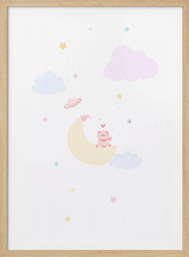 A whimsical illustration of a cute pink piglet with a red scarf sitting on a yellow crescent moon. The background is white with pastel pink and blue clouds, colorful stars, and a small planet, creating a dreamy and sweet scene. Wall Art