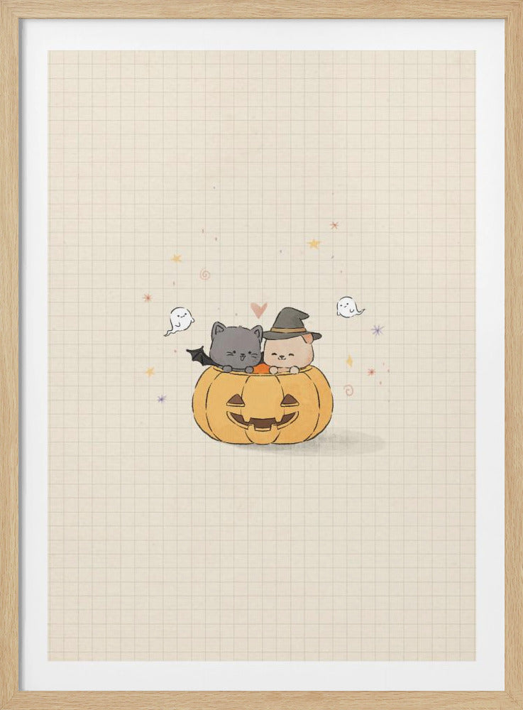 A cute cartoon illustration of a grey cat with bat wings and a light brown puppy in a witch hat peeking out of a smiling jack-o'-lantern. The drawing is on a cream-colored grid paper background with small ghosts, stars, and a heart floating around them. Wall Art