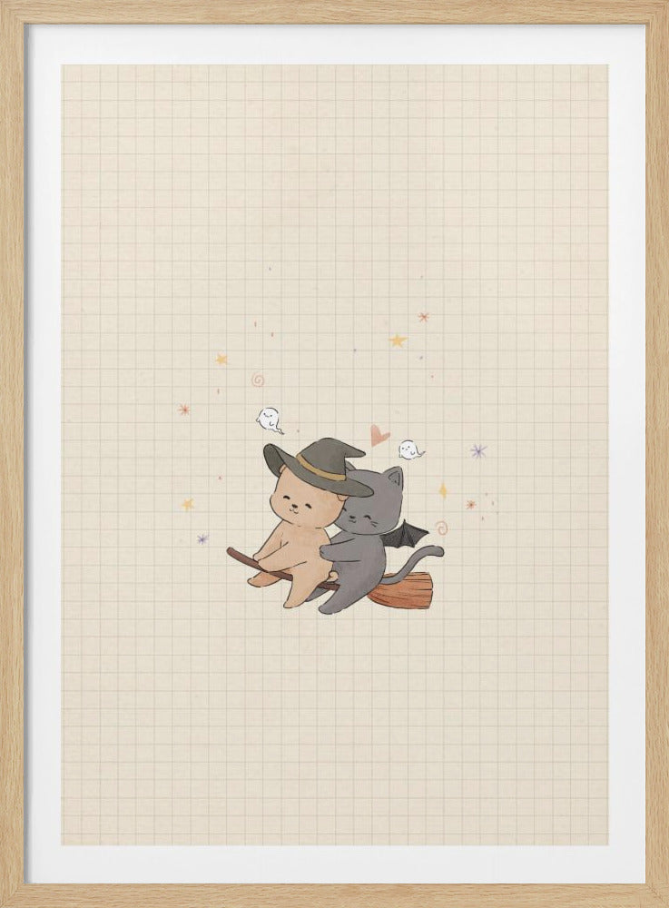 A cute, whimsical illustration of a tan bear in a witch hat and a gray cat with bat wings happily flying together on a broomstick, set against a beige grid paper background with tiny ghosts and stars. Poster