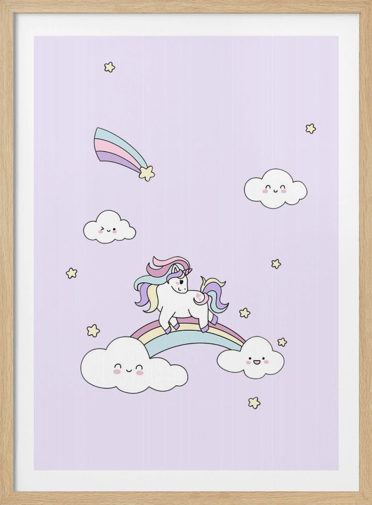 A cute cartoon illustration of a white unicorn with a pastel rainbow mane and tail walking across a rainbow connecting two smiling clouds. The lavender background is filled with small stars and a shooting rainbow star. Print