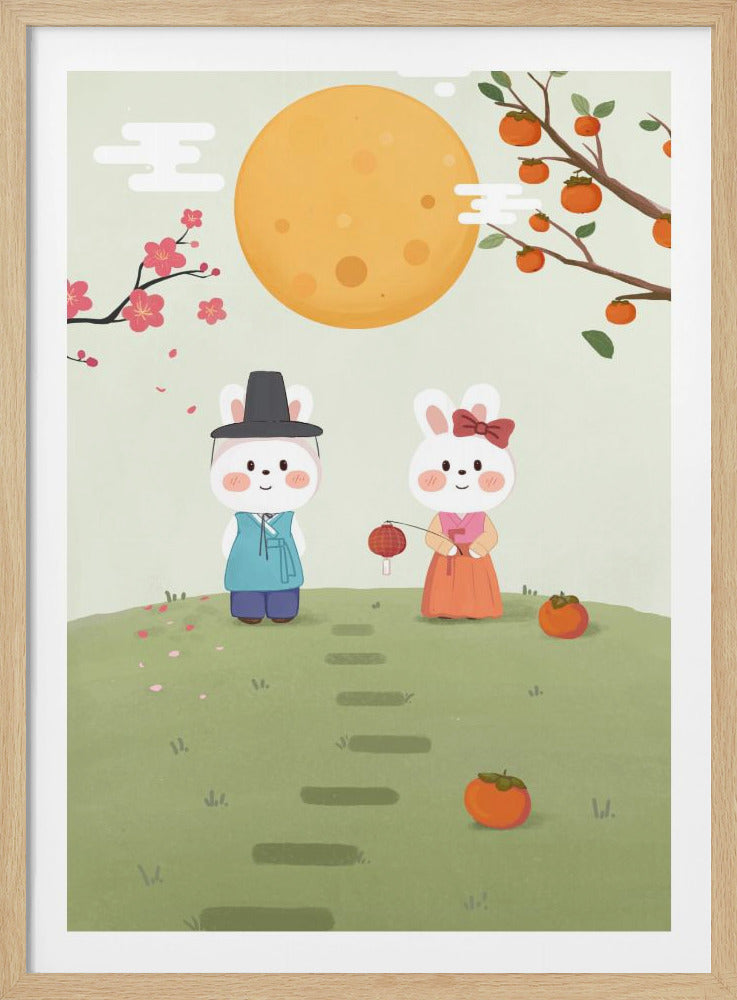 A charming illustration of two cute rabbits celebrating Chuseok, the Korean Mid-Autumn Festival. A male and female rabbit, dressed in traditional blue and pink hanbok, stand on a green hill under a large, full orange moon. The female rabbit holds a small red lantern, and the scene is framed by a persimmon tree and a cherry blossom branch. Artwork