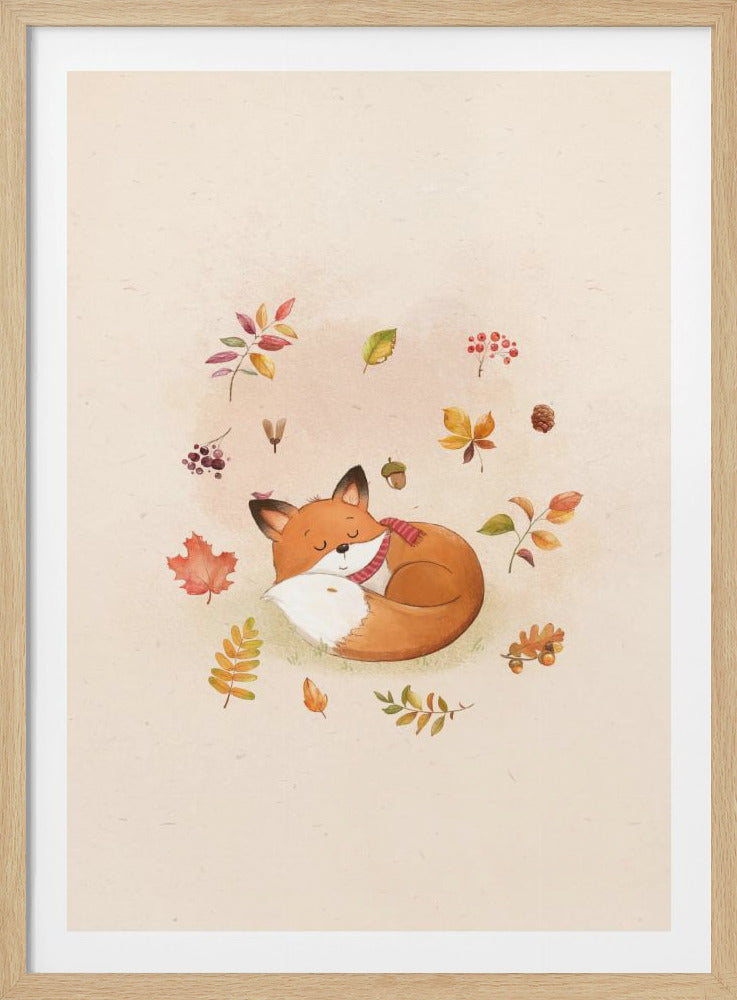 A charming watercolor illustration of a cute orange fox sleeping soundly, curled into a ball on a light beige background. The fox is wearing a cozy red and white striped scarf. Floating around the fox are various colorful autumn leaves, red berries, an acorn, and a small pinecone, creating a peaceful and whimsical fall scene. Decor