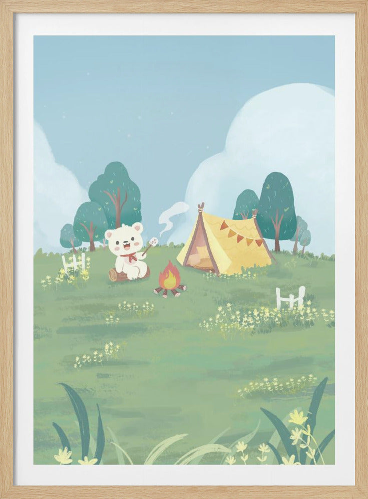 A cute cartoon illustration of a white bear sitting on a log and roasting a marshmallow over a campfire. In the background, there is a yellow tent set up in a green meadow with trees and a light blue sky. Poster
