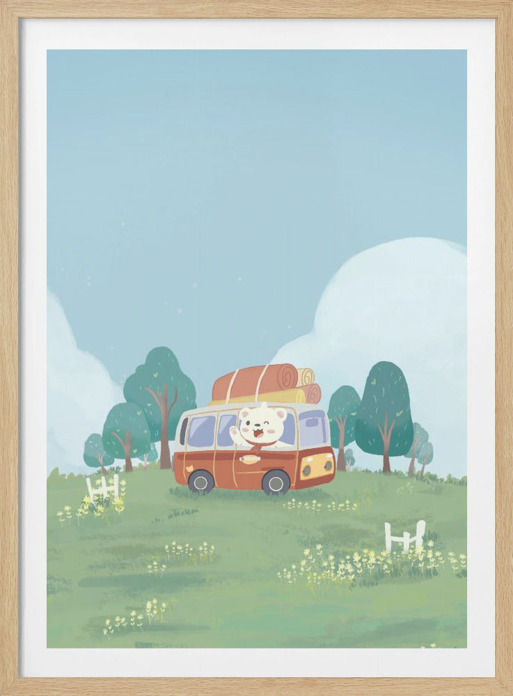 A cute cartoon illustration of a happy white bear wearing a red bandana, waving from the driver's window of a red camper van. The van, with sleeping bags strapped to the roof, is driving through a green meadow with trees under a pale blue sky. Poster