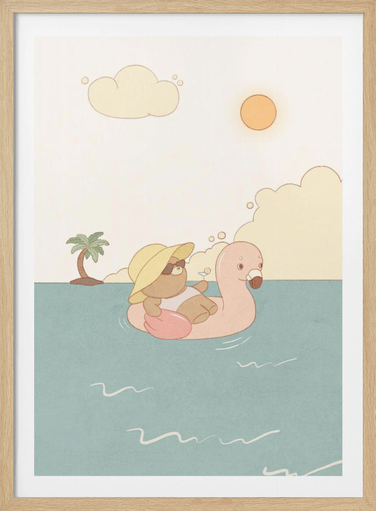 A cute cartoon illustration of a brown bear relaxing on a pink flamingo pool float in the water. The bear is wearing a yellow sun hat and sunglasses while holding a drink. In the background, there is a small island with a palm tree, a yellow sun, and soft clouds in a pale sky. Poster