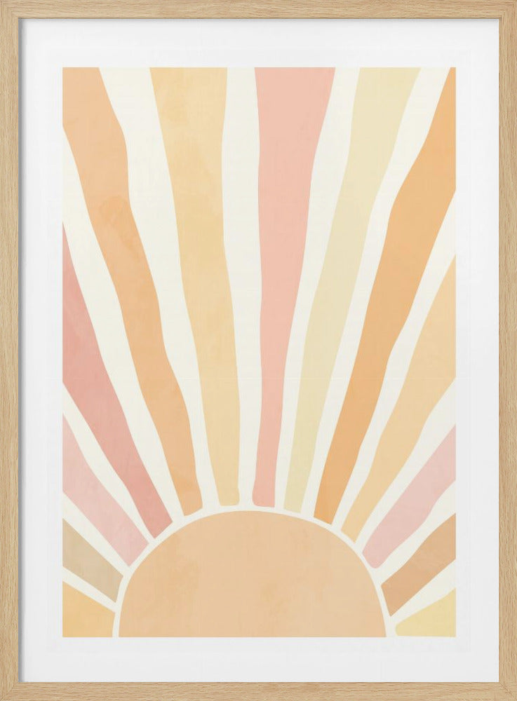 A framed minimalist artwork depicting a stylized sunburst. A large peach semi-circle at the bottom represents the sun, with thick, wavy rays in shades of peach, pink, and yellow radiating upwards against an off-white background. The art has a soft, watercolor-like texture and is housed in a simple black frame. Wall Art