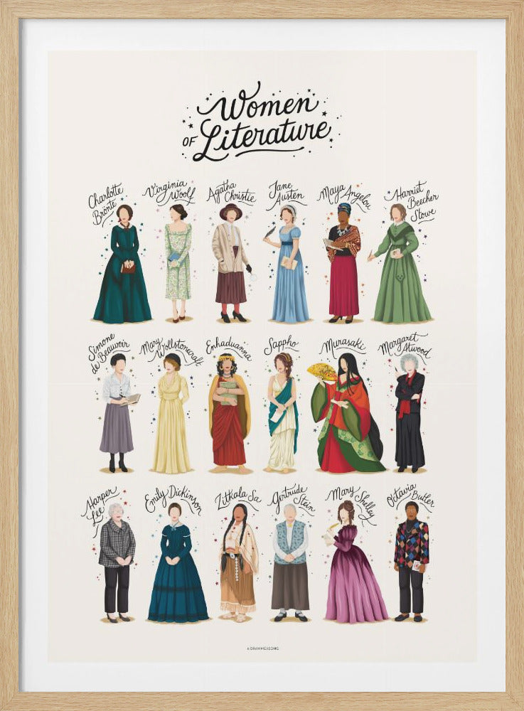 An illustrated poster titled 'Women of Literature' featuring 18 famous female authors from various historical periods. The authors are arranged in three rows, each illustration accompanied by the author's name in cursive script. The poster has an off-white background and is shown within a black frame. Wall Art