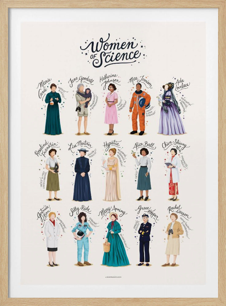 An illustrated poster titled 'Women of Science' featuring 15 influential female scientists throughout history. Each woman is depicted in full-length, with her name written in cursive above her, set against a light background and framed in black. Artwork