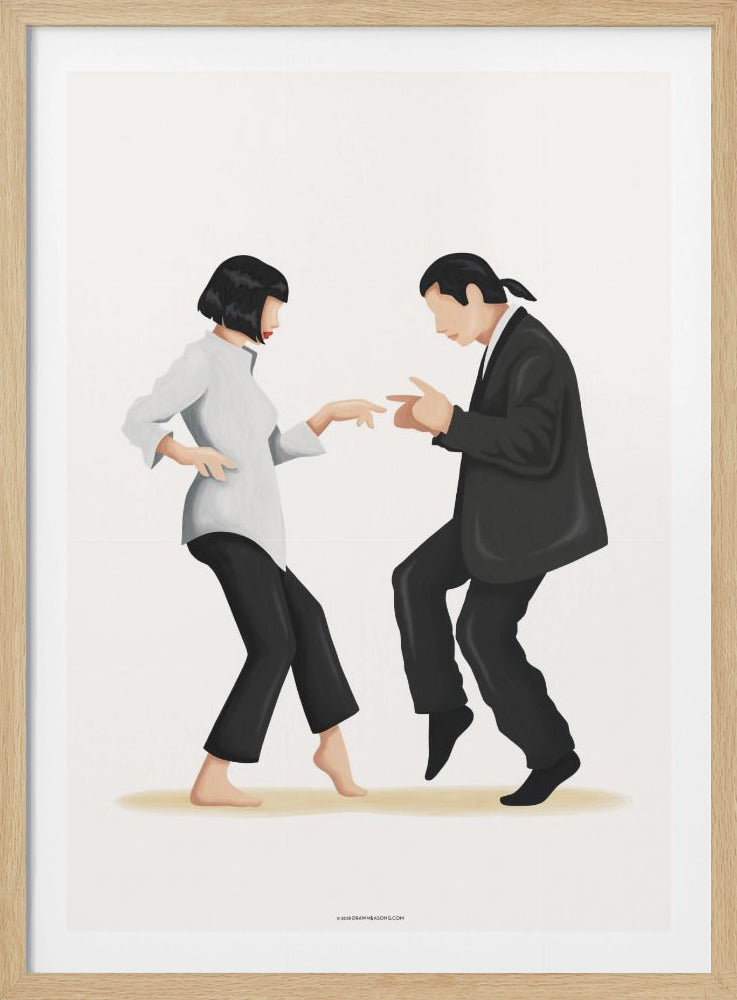 A minimalist illustration of Mia Wallace and Vincent Vega from the movie Pulp Fiction doing their iconic dance moves against a plain off-white background. Wall Art