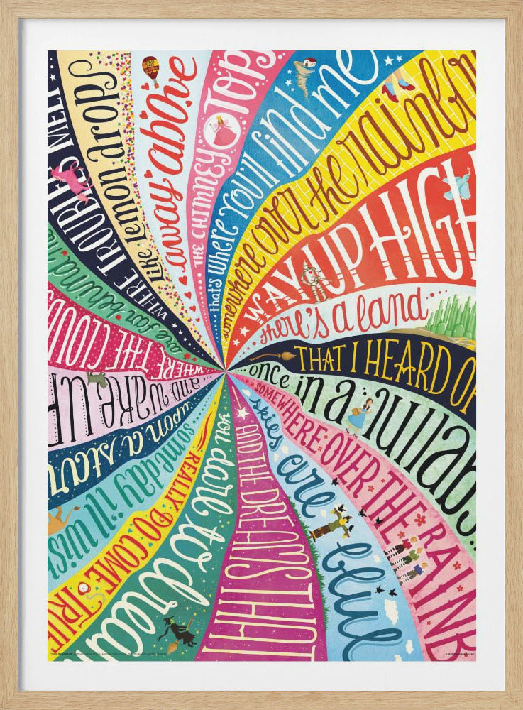 A colorful, whimsical poster featuring lyrics from 'Somewhere Over the Rainbow' arranged in a spiral pattern. Each line of the song is on a different colored band radiating from the center, creating a rainbow effect, and is adorned with small illustrations from 'The Wizard of Oz'. Poster