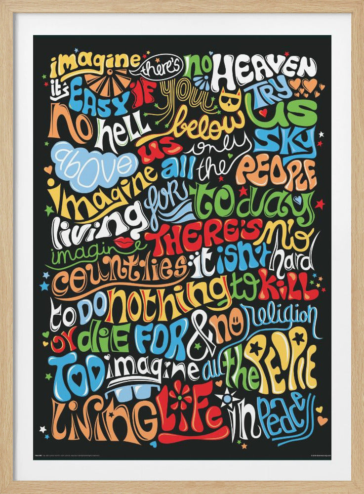 A framed typographic poster with colorful, psychedelic-style hand-lettering of lyrics from the song 'Imagine' on a black background. Words like 'Imagine', 'Heaven', 'Peace', and 'Love' are written in various bright colors including red, blue, yellow, orange, and green. Decor