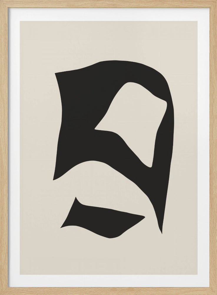 A minimalist abstract art print featuring a single, large, flowing black organic shape against a solid beige background. The piece is framed in a thin black frame. Wall Art