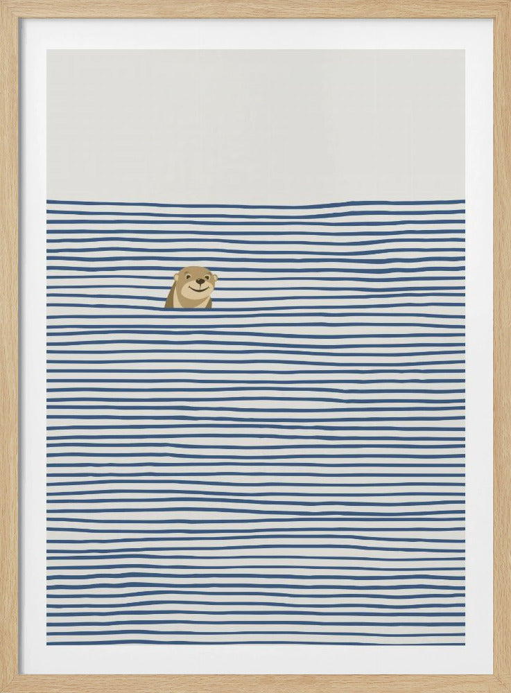 A minimalist illustration in a black frame featuring a cute, smiling otter peeking its head out of stylized water made of wavy, horizontal blue stripes on an off-white background. Decor