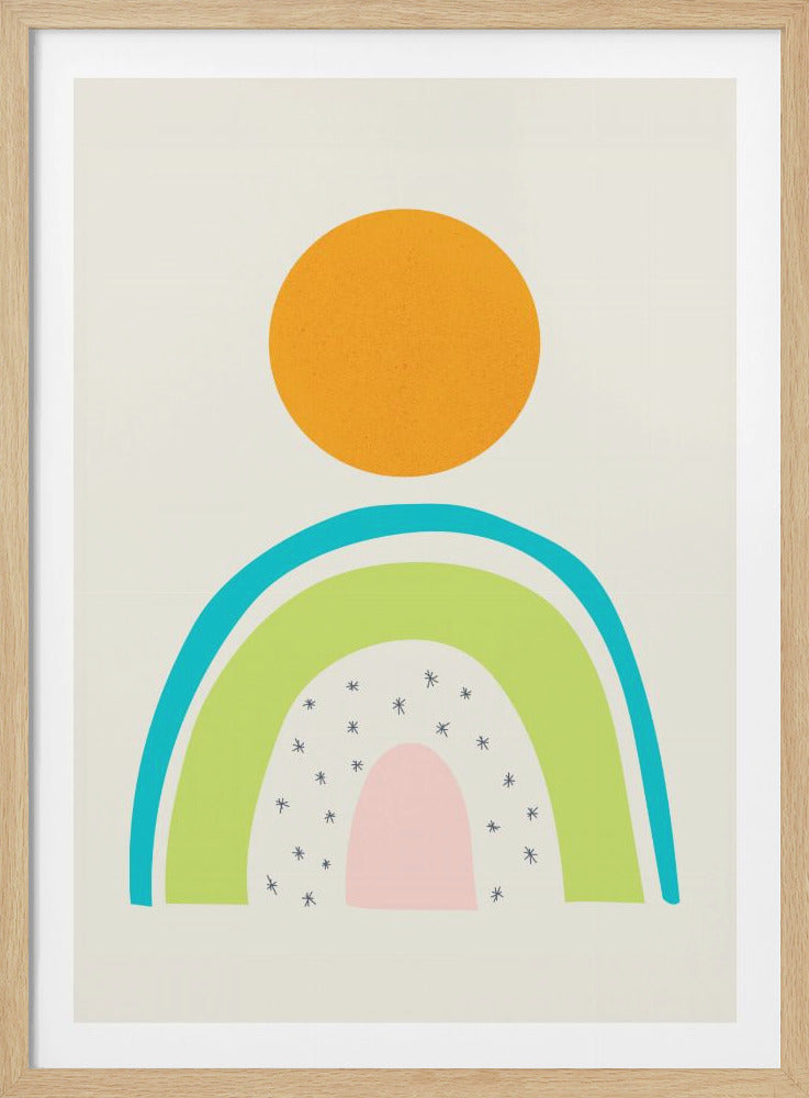 A framed modern art print with a minimalist design. On an off-white background, a large textured orange circle, representing a sun, sits above a stylized rainbow. The rainbow consists of arches in turquoise, lime green, and pale pink, with small dark blue starbursts scattered beneath the green arch. Print