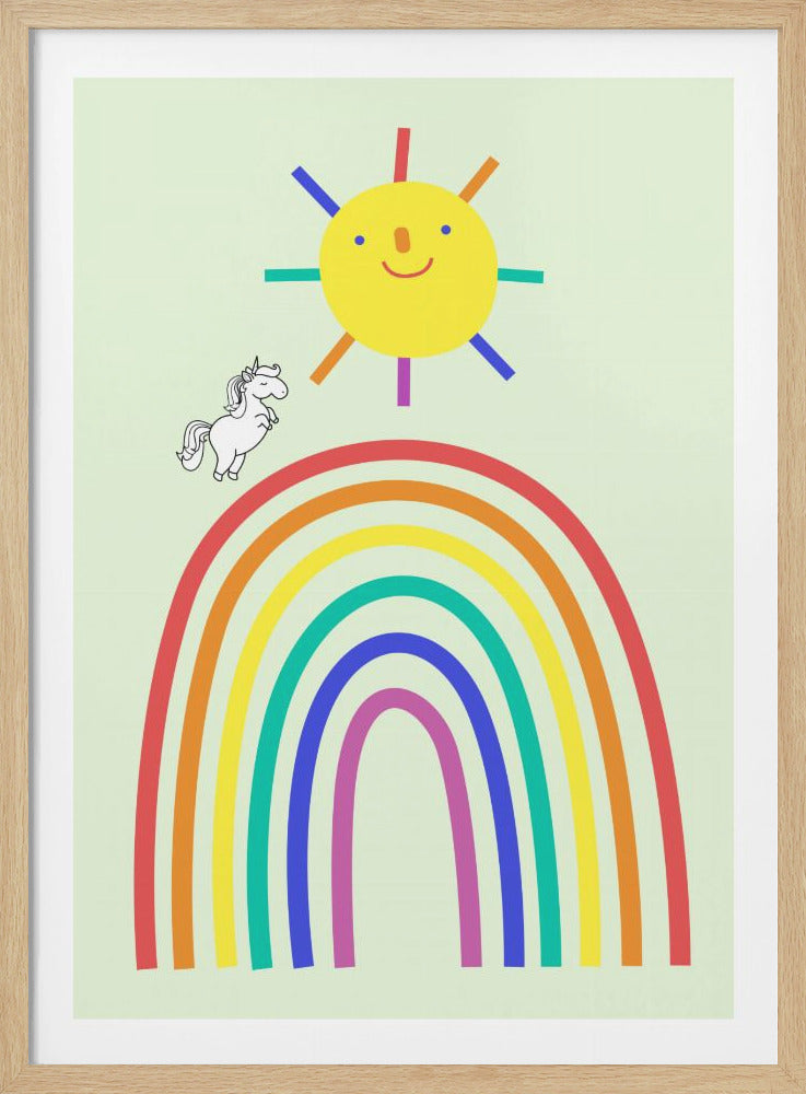 A whimsical children's illustration on a light green background featuring a large, vibrant rainbow. Above the rainbow is a smiling yellow sun with colorful rays, and a small white unicorn is jumping near the top of the rainbow. Poster