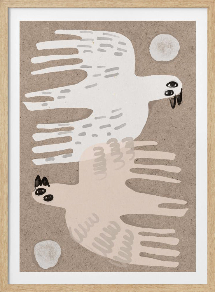 A framed folk-art style illustration featuring two stylized birds on a textured beige background. An off-white bird flies to the right at the top, and a pale pink bird flies to the left at the bottom, with small white circles in the corners. Decor